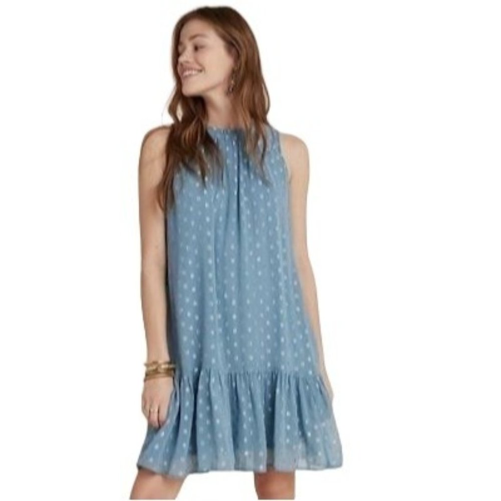 Anthropologie Natalie Metallic Design Blue Flounced Tunic Dress SZ S